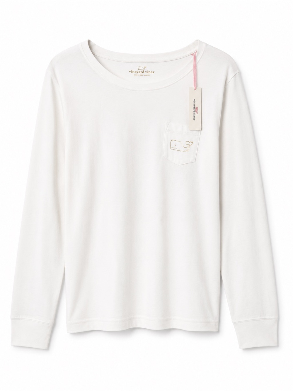 Vineyard Vines White Long-Sleeve Pocket Tee with gold Whale